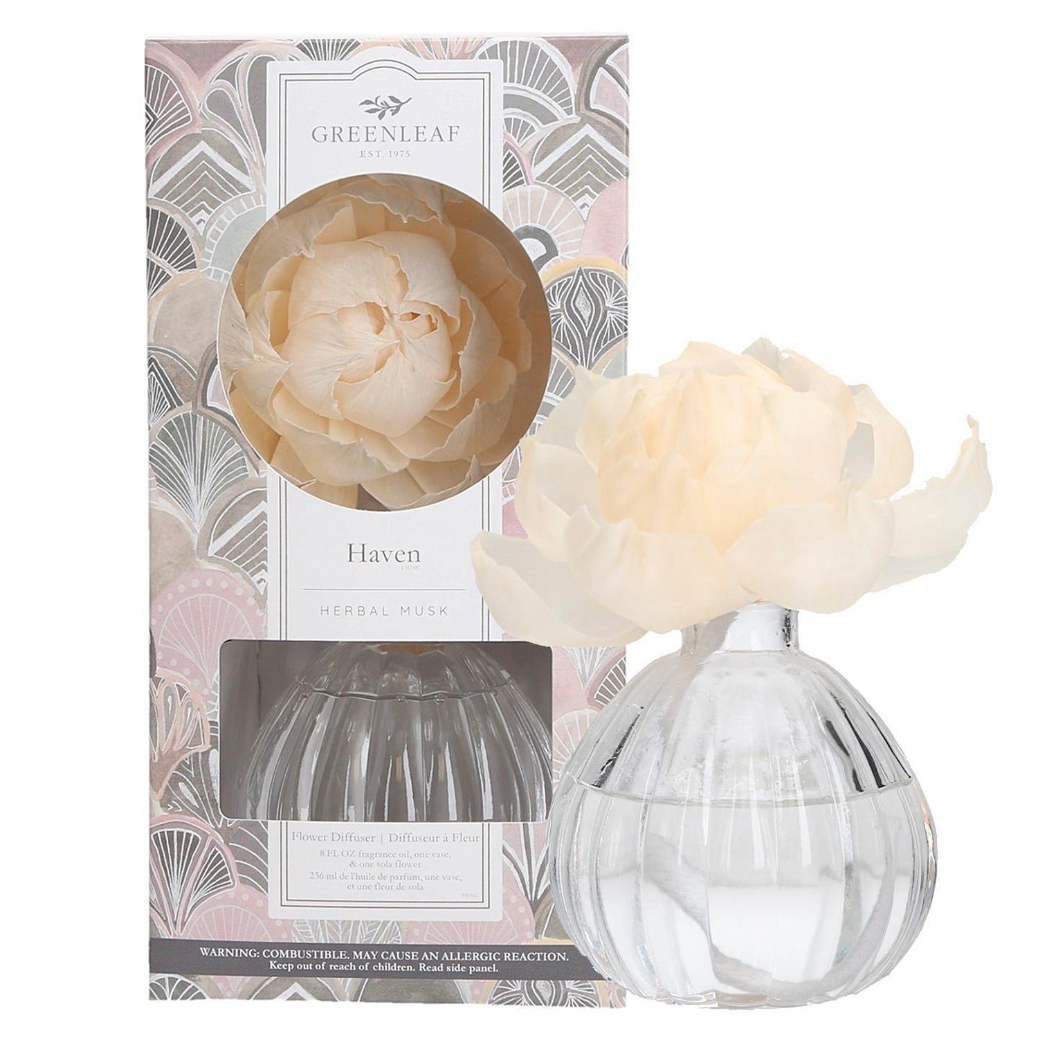 Greenleaf Haven herbal musk flower diffuser with glass vase and sola flower in decorative packaging