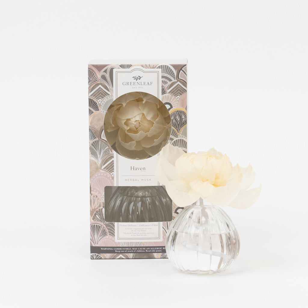 Greenleaf Haven herbal musk flower diffuser in box with glass vase and sola flower