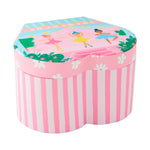 Paper box with a pink and white striped heart-shaped base topped by a lid depicting three diverse ballerinas dancing in colorful tutus amidst musical notes stars and green foliage with white flowers
