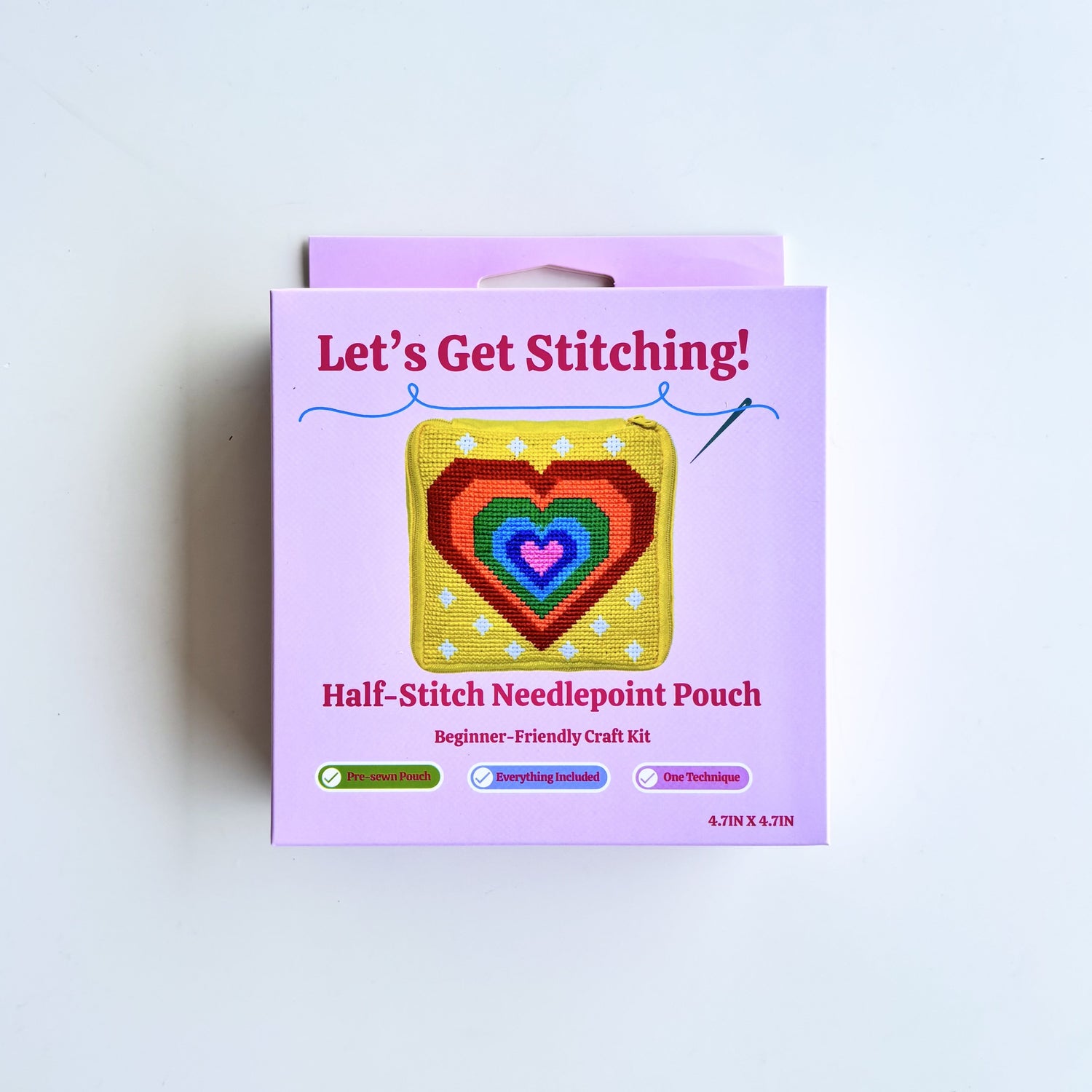Let's Get Stitching half-stitch needlepoint pouch beginner craft kit box