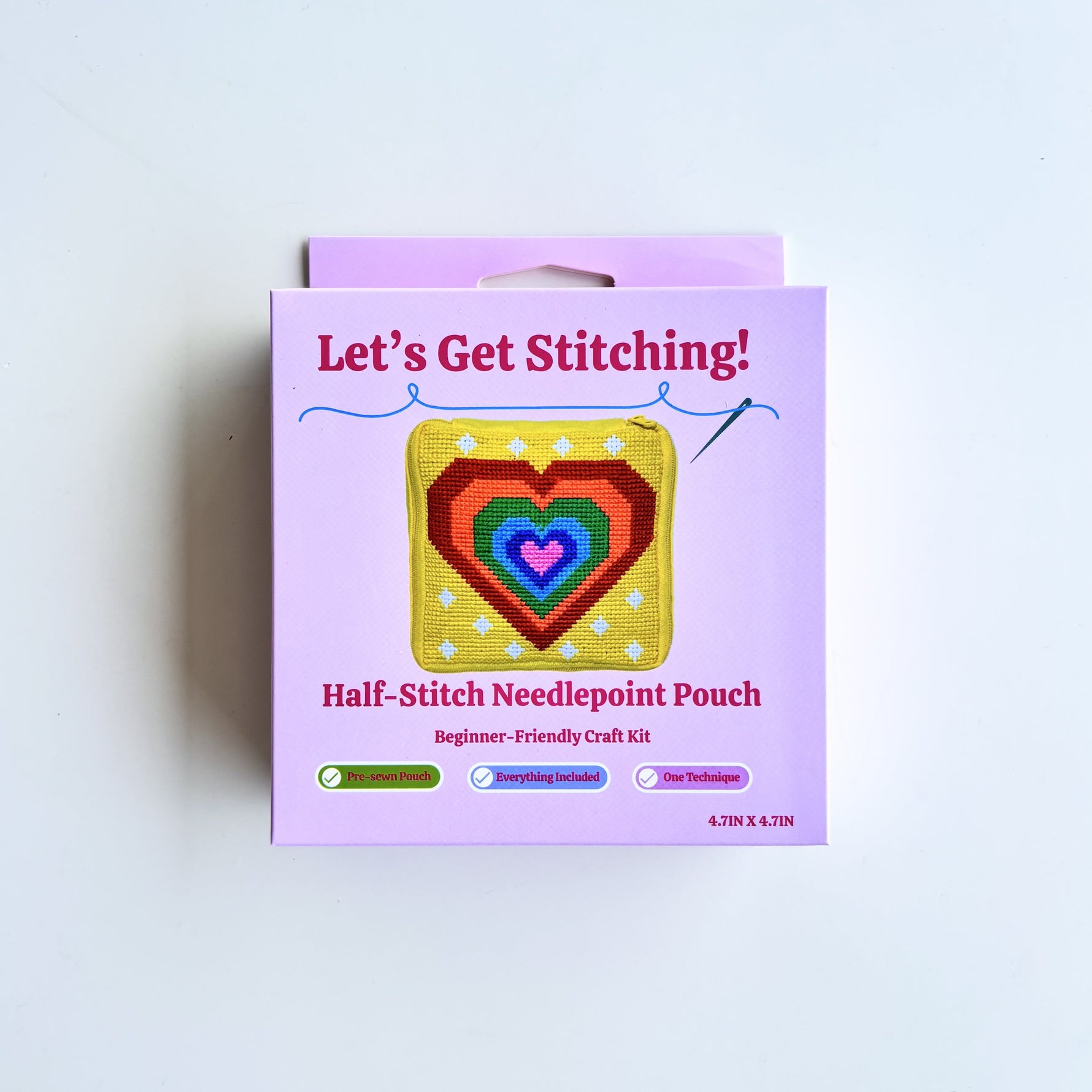 Let's Get Stitching half-stitch needlepoint pouch beginner craft kit box