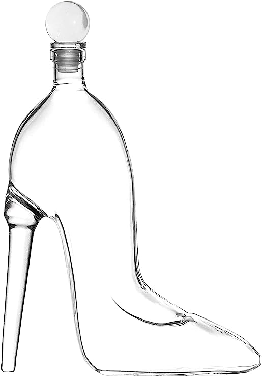 Clear glass decanter in the shape of a stylish women's high-heeled shoe featuring a stiletto heel and a round stopper