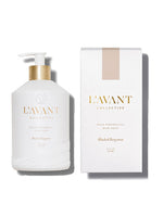 L'AVANT COLLECTIVE Blushed Bergamot dish soap in a white pump bottle with a gold top and a textured base, alongside its matching white box with gold text on a clean white background