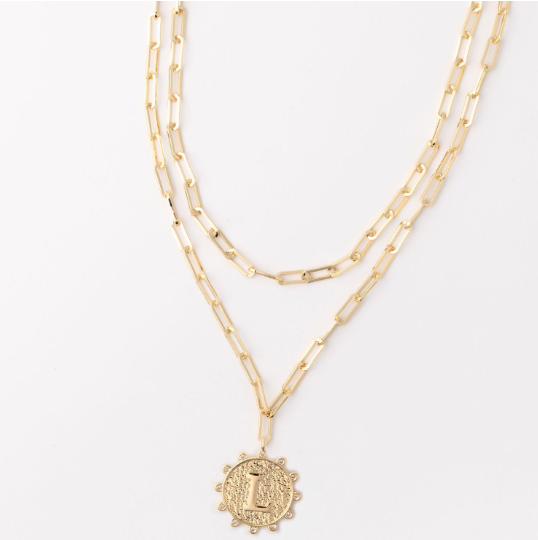 Gold layered paperclip chain necklace with a textured coin pendant featuring the letter L