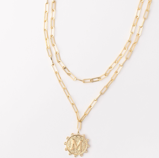 Gold layered paperclip chain necklace with a circular letter M pendant