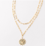 Gold layered paperclip chain necklace with a circular pendant featuring the letter W