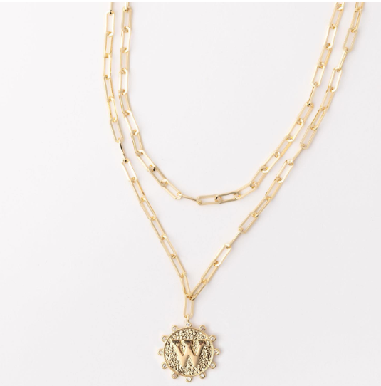 Gold layered paperclip chain necklace with a circular pendant featuring the letter W