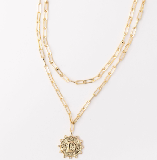 Gold layered paperclip chain necklace with a circular letter D pendant