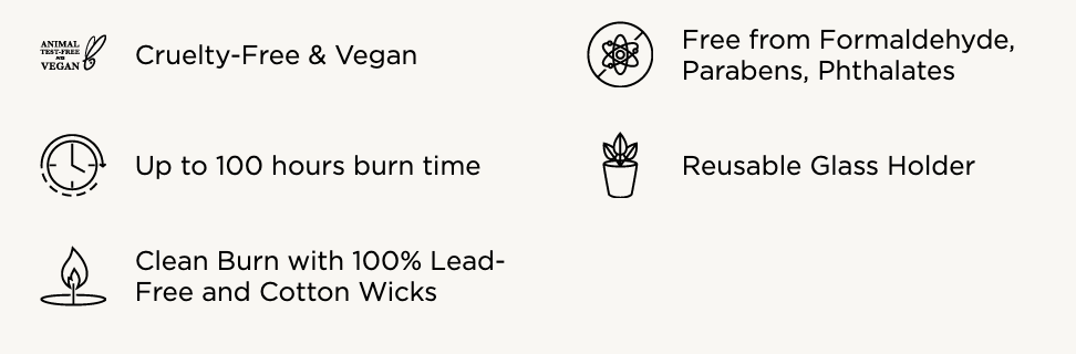 Digital graphic presenting product features including cruelty-free and vegan formulation, up to 100 hours burn time, and a reusable glass holder