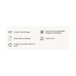 Digital infographic displaying product benefits for a fragrance device including a cruelty-free bunny logo, 240+ hours of scent, and smartphone connectivity shown with minimalist black line icons on an off-white background