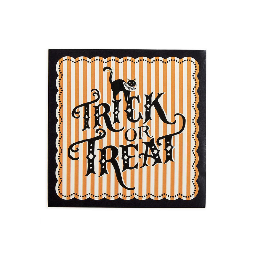 Square Halloween napkin with orange and white stripes and a black cat illustration with Trick or Treat text