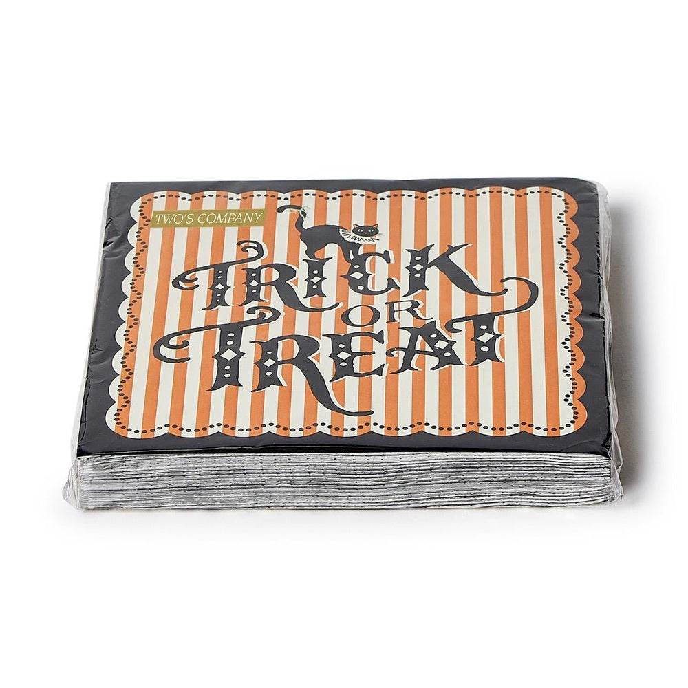 Stack of Halloween napkins with orange and white stripes and Trick or Treat text