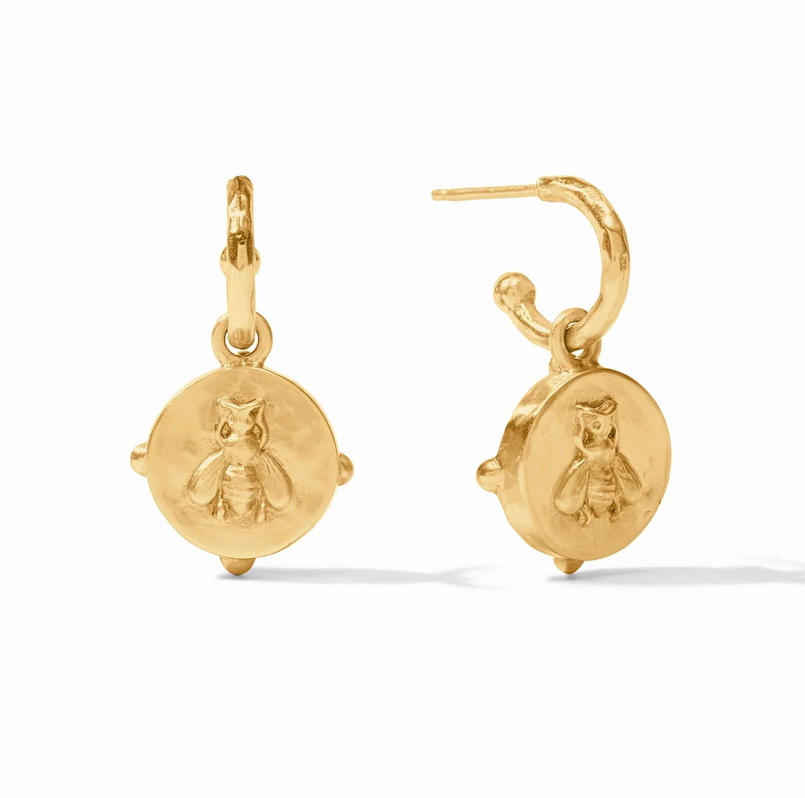 Gold hoop earrings with bee coin charms