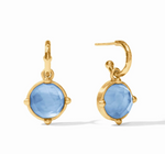 Gold hoop earrings with round blue faceted stone charms