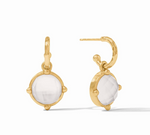 Gold hoop earrings with round faceted white stone drops