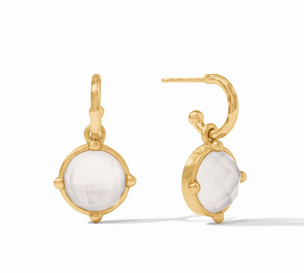 Gold hoop earrings with round faceted white stone drops