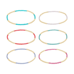 Six stretch bracelets featuring gold beads and segments of colorful glass beads