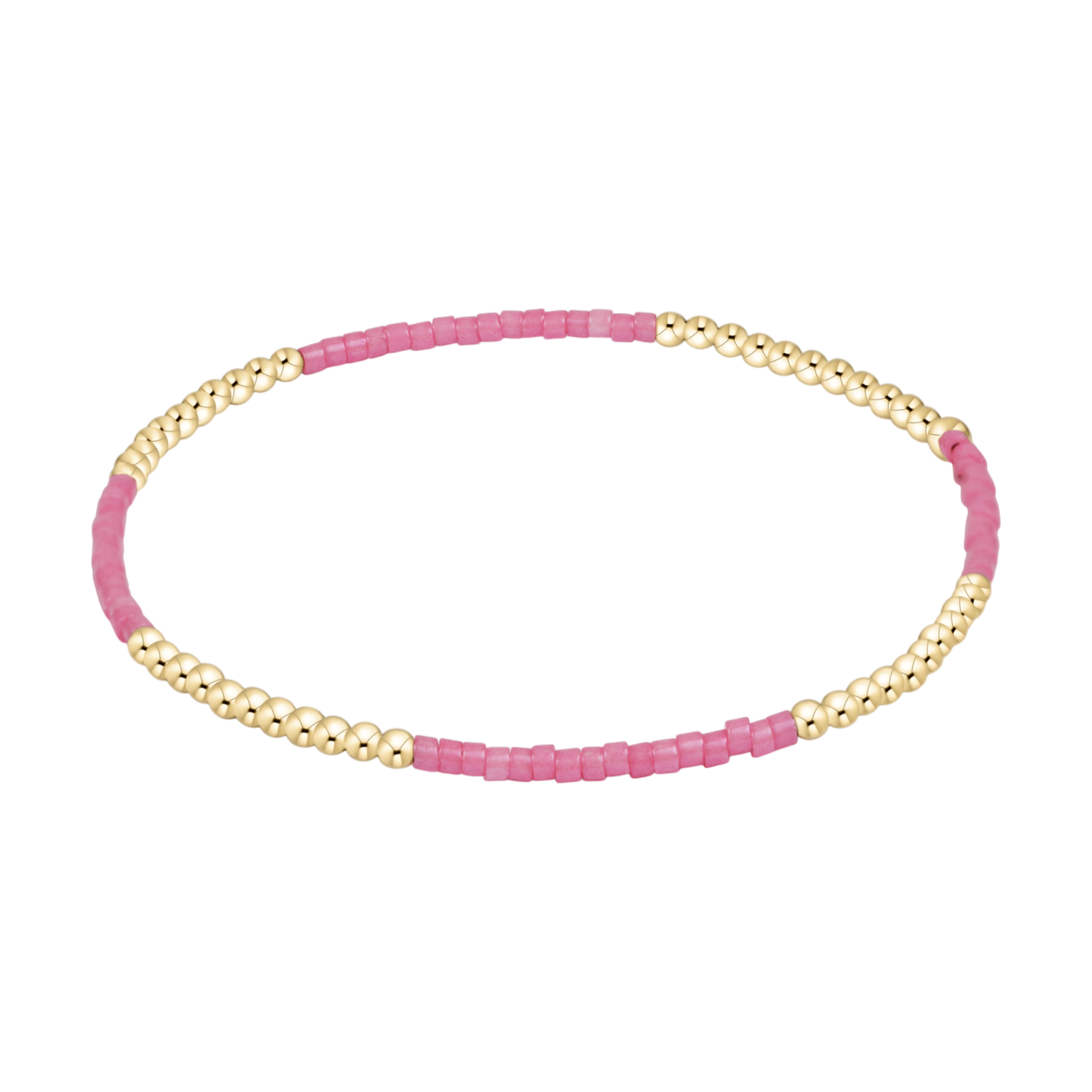 Stretch bracelet with alternating sections of gold beads and small pink beads