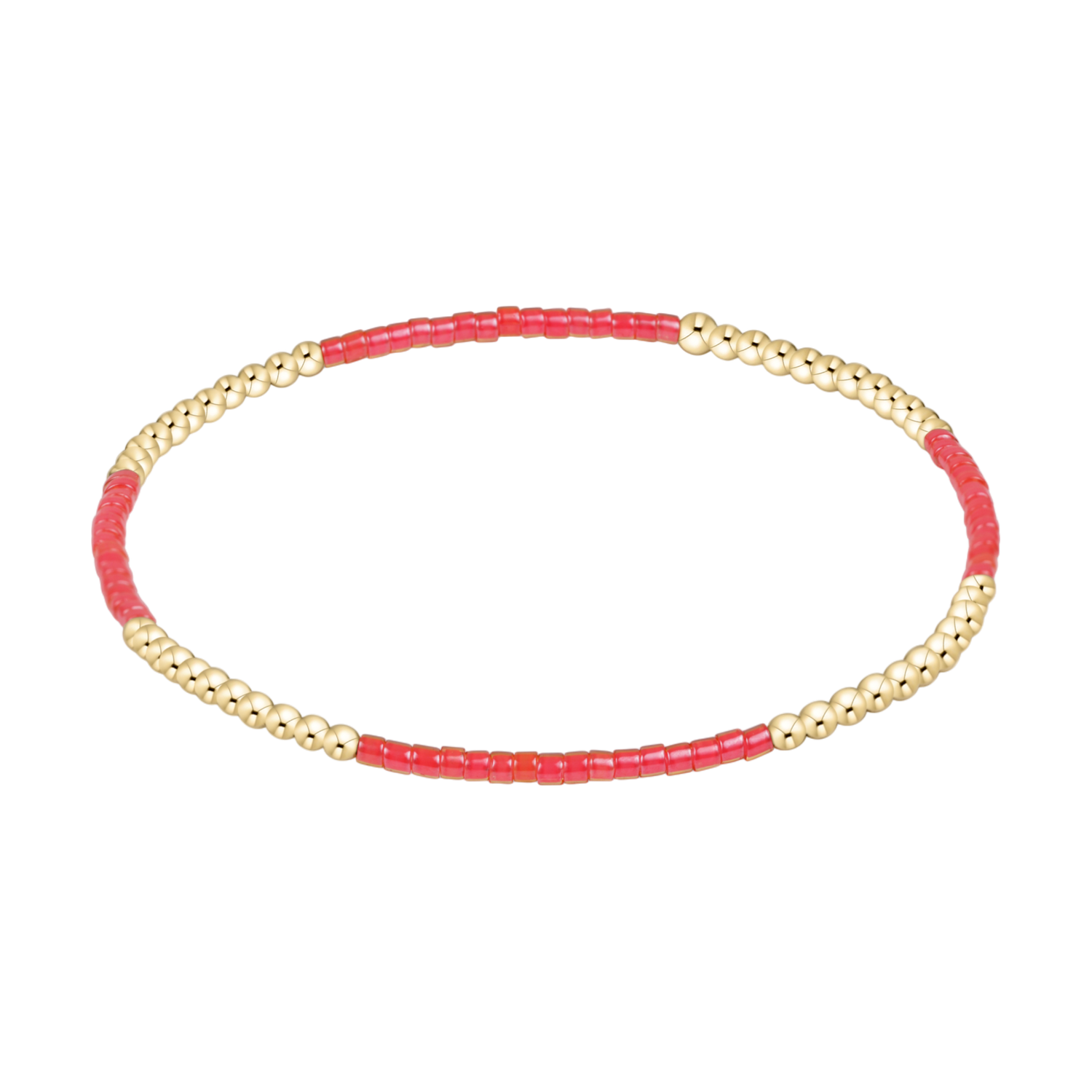 Stretch bracelet with alternating sections of gold beads and small red cylindrical beads