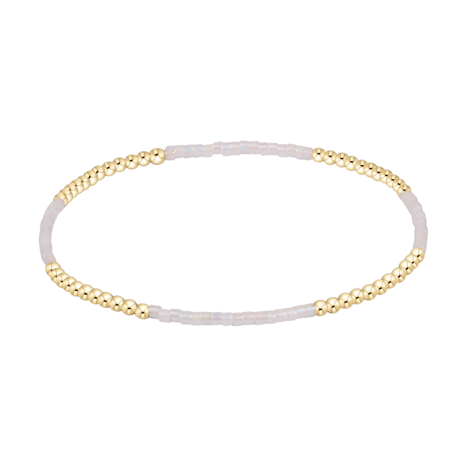 Stretch bracelet with alternating sections of gold beads and small iridescent white seed beads