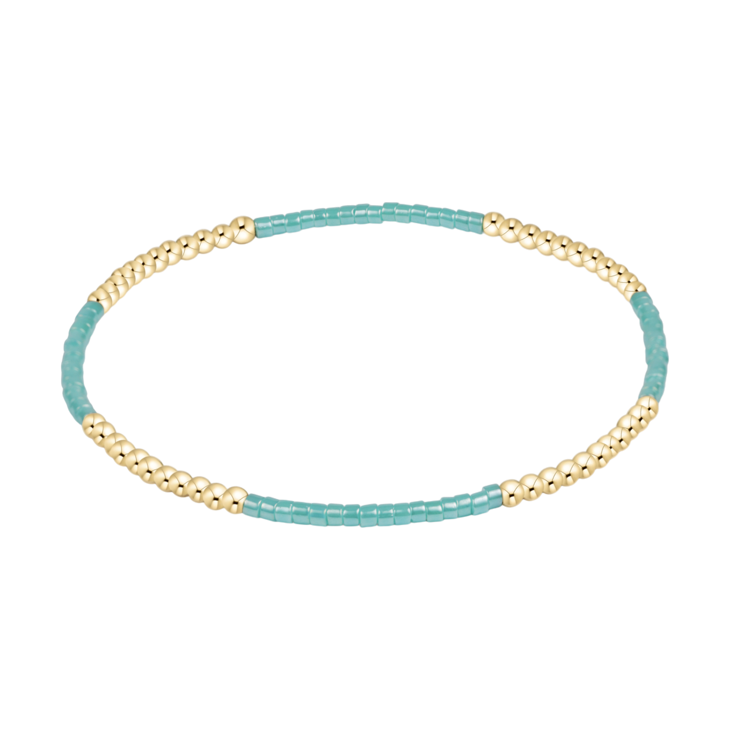 Stretch bracelet with alternating sections of gold beads and turquoise seed beads
