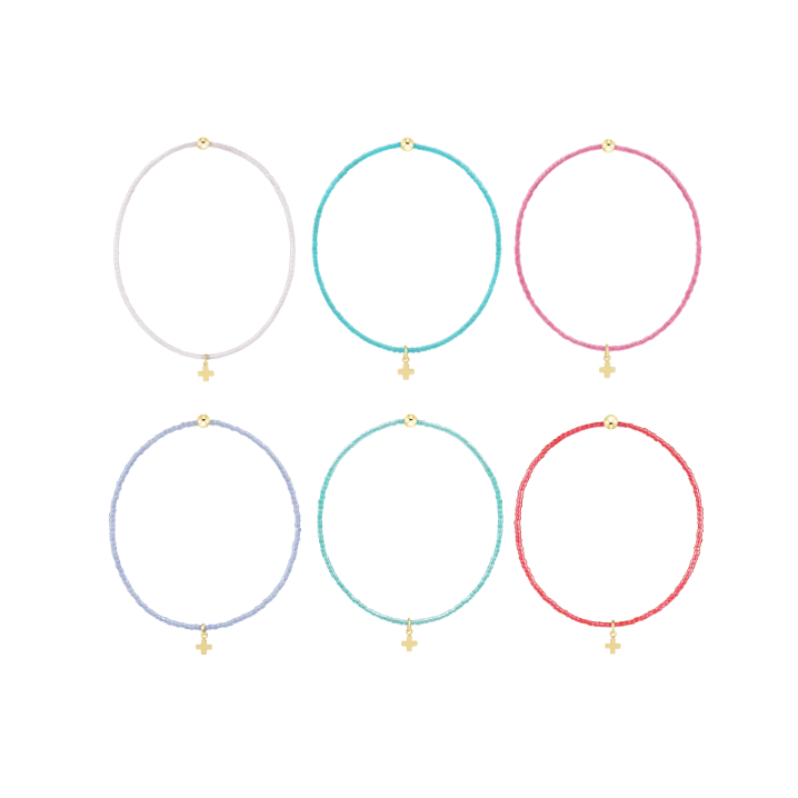 Six colorful beaded bracelets with gold cross charms arranged in two rows