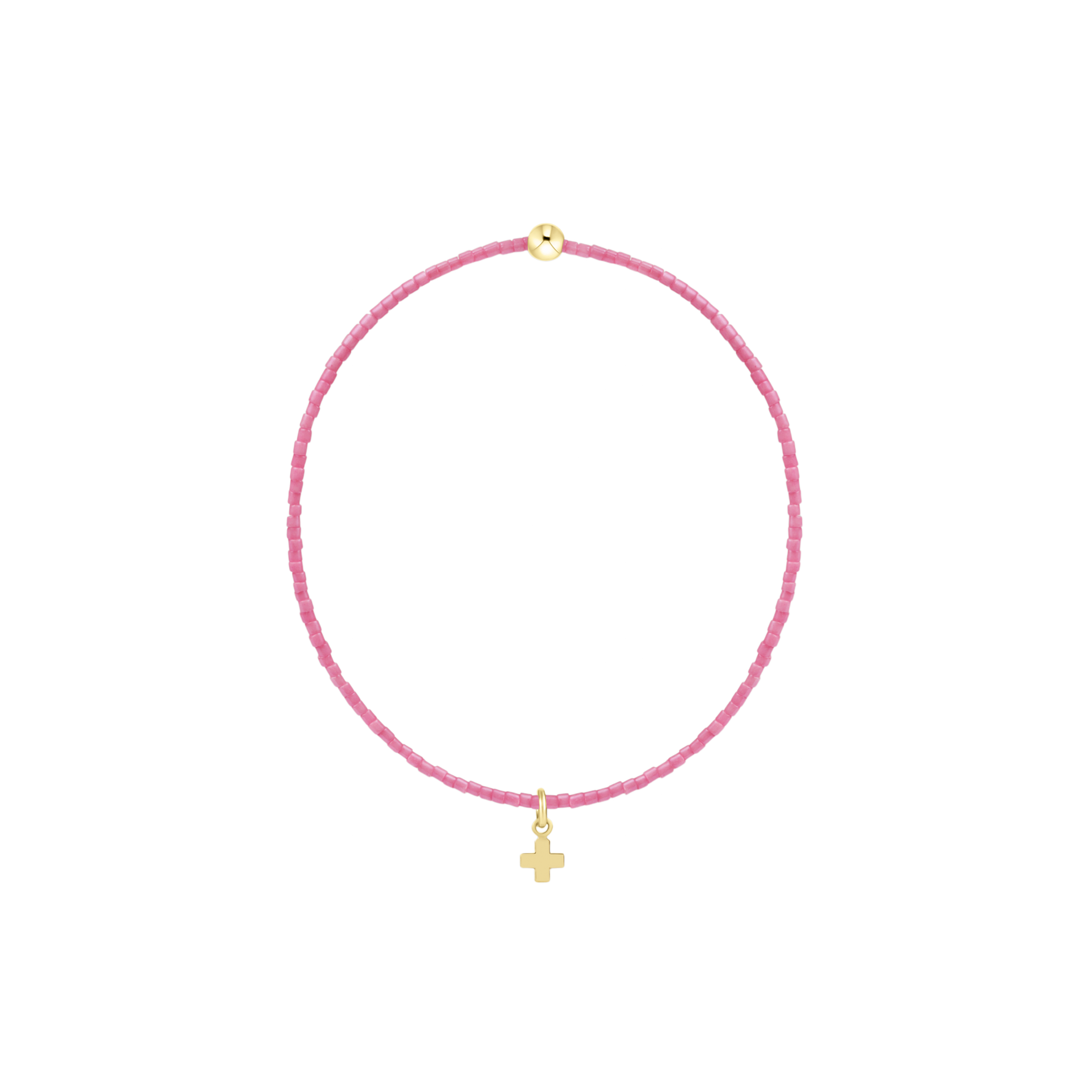 Handcrafted jewelry by Gigi Clozeau featuring a vibrant pink resin beaded bracelet centered on a black background with a small 18k yellow gold cross charm and a single polished gold sphere bead