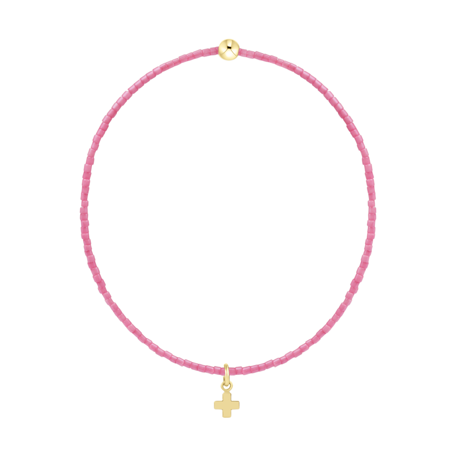 Pink beaded bracelet with a gold cross charm and a single gold bead