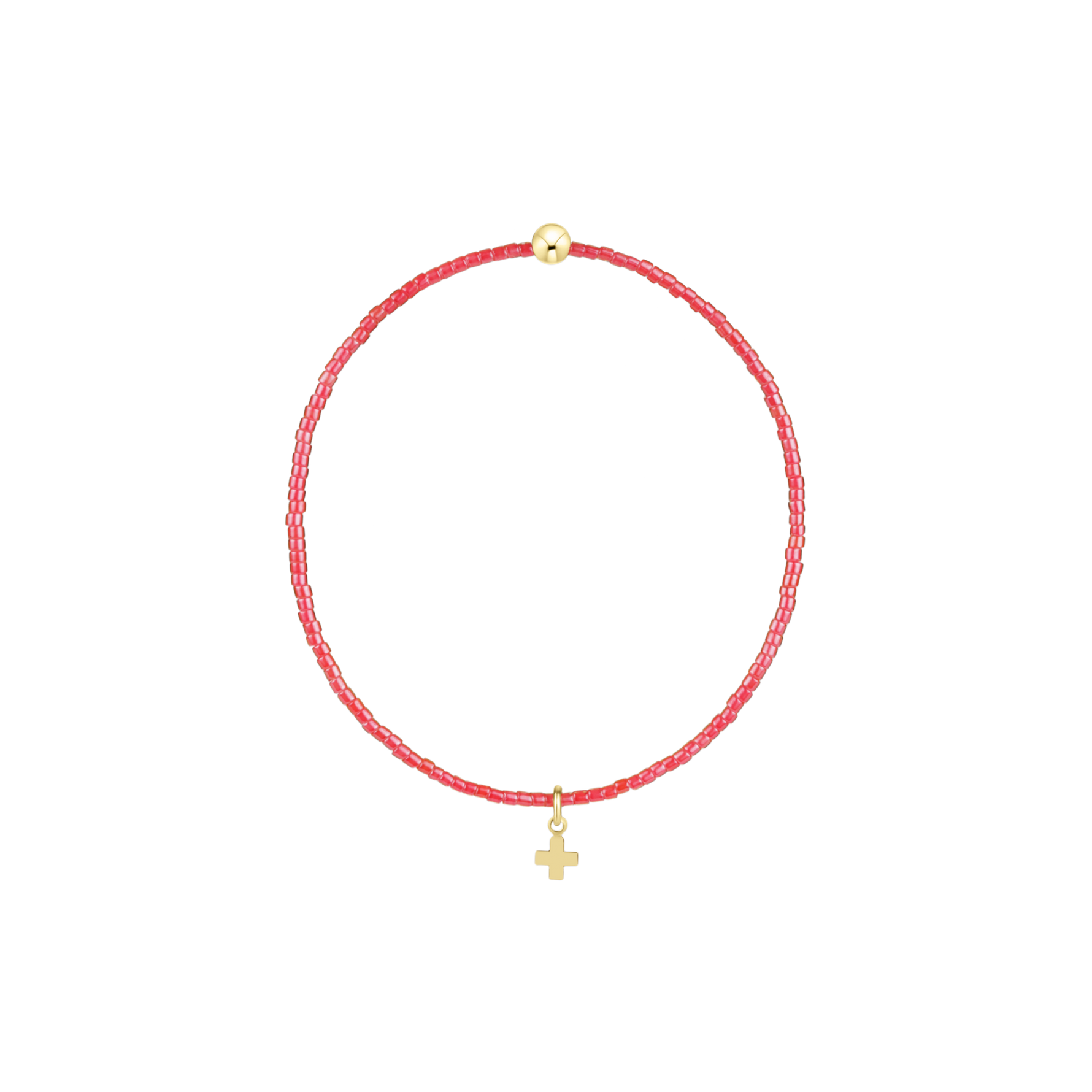 Beaded resin bracelet featuring a circular string of vibrant red beads on a black background, accented by a polished gold cross charm and a single spherical gold bead at the top