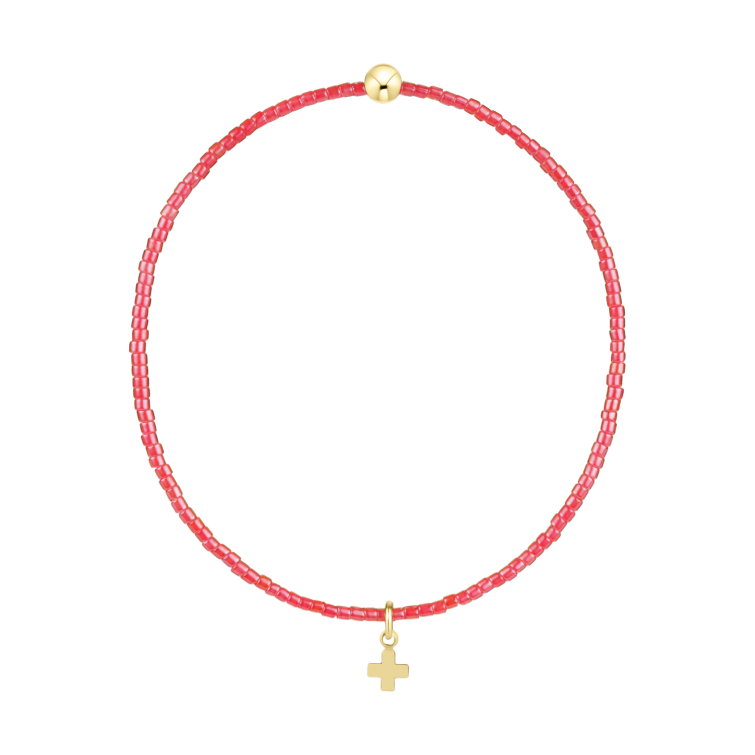 Red beaded bracelet with a gold bead and a small gold cross charm