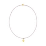 Beaded necklace with iridescent light purple beads and a small gold cross charm