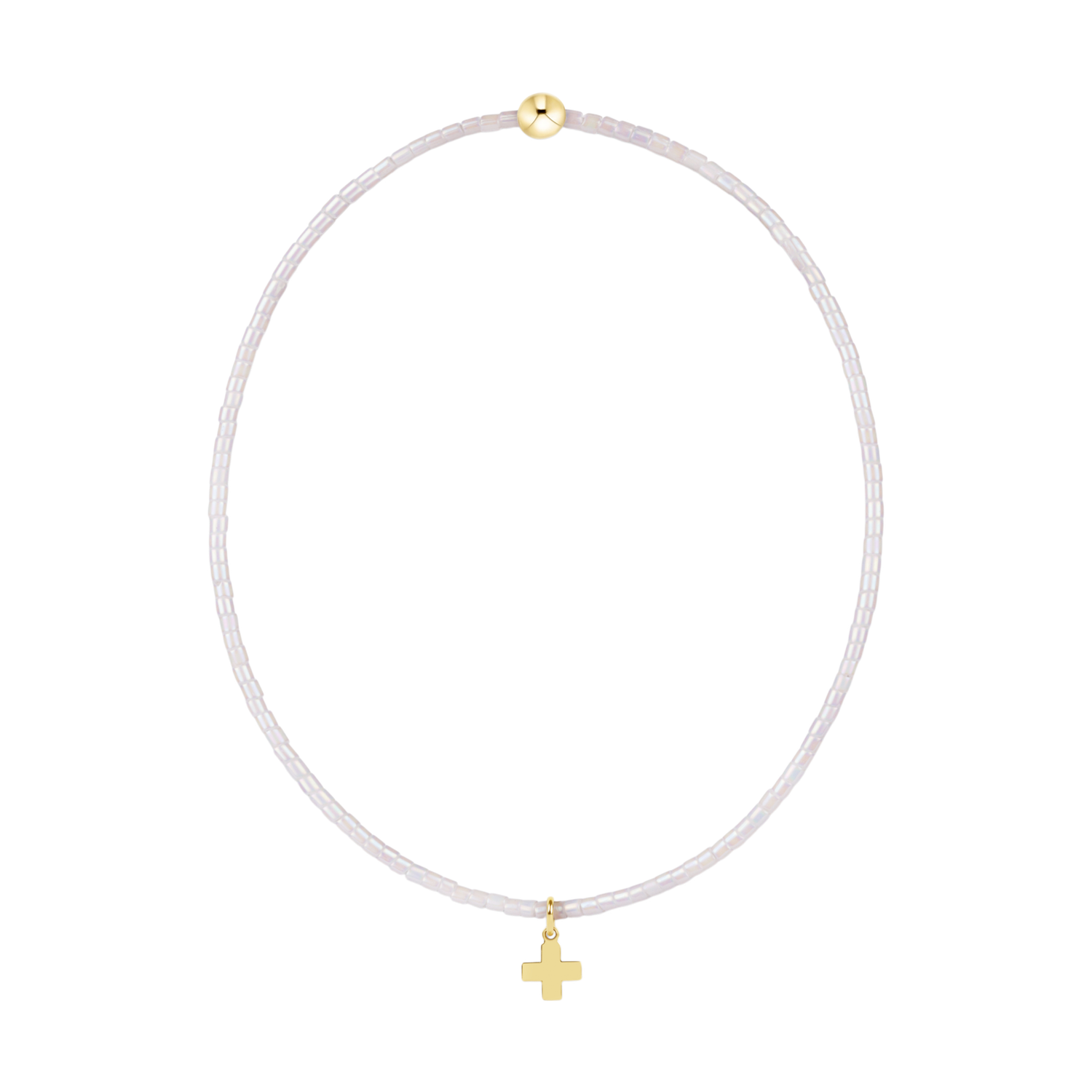 Beaded necklace with iridescent light purple beads and a small gold cross charm