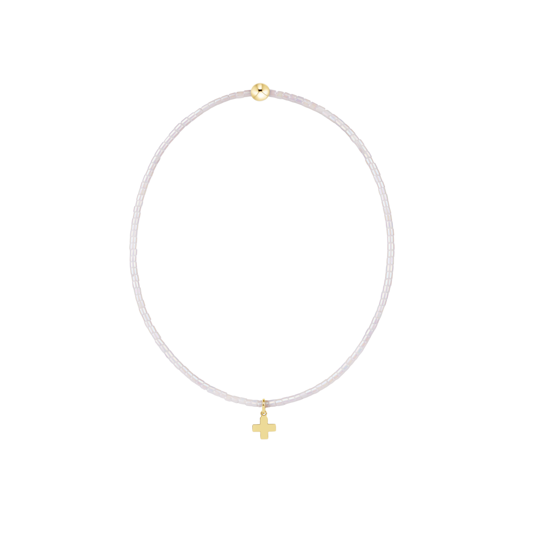 Handcrafted beaded jewelry piece featuring delicate iridescent light pink seed beads, a single polished gold spherical bead at the top, and a small gold cross charm suspended from the bottom against a solid black background