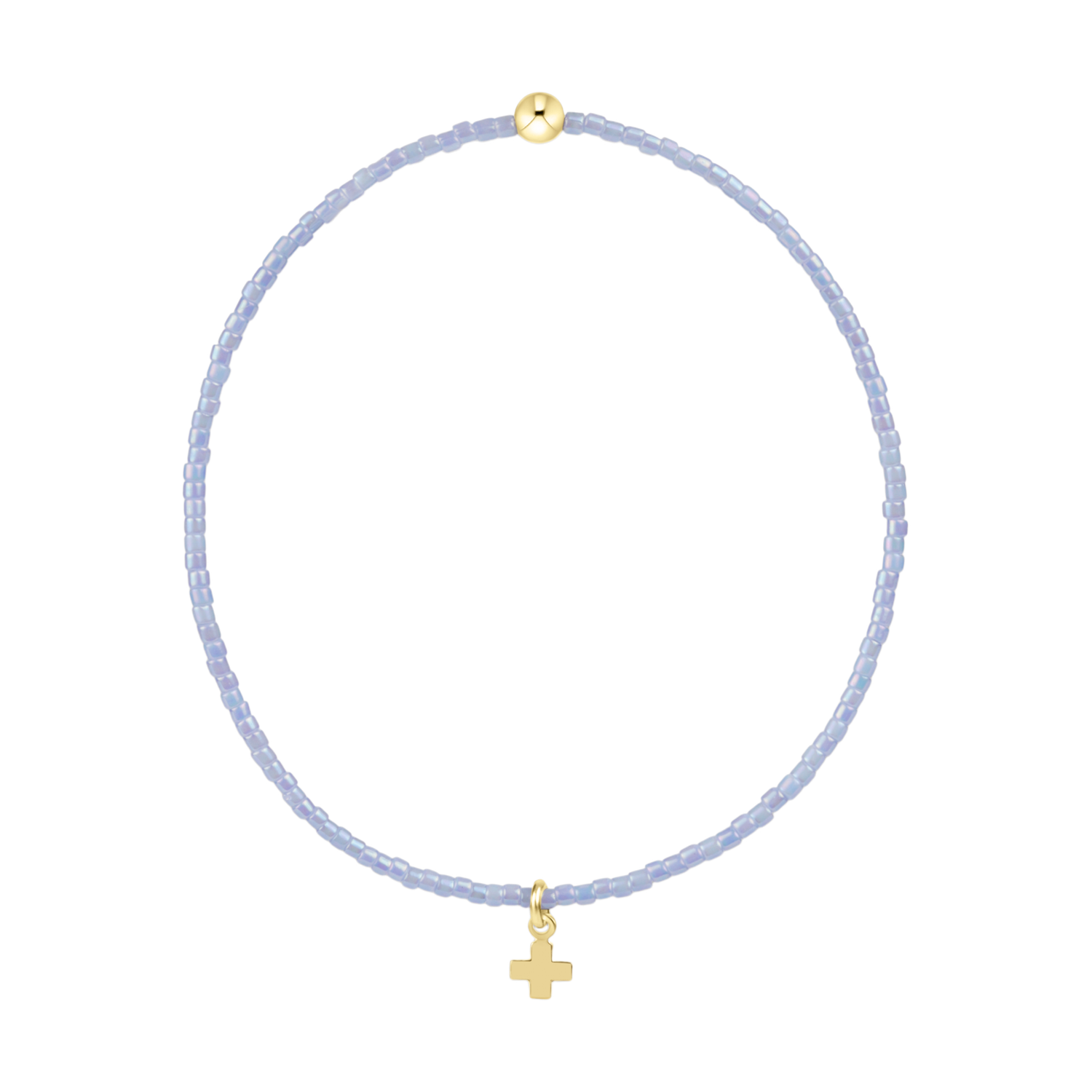 Light purple beaded bracelet with a gold cross charm and a gold bead