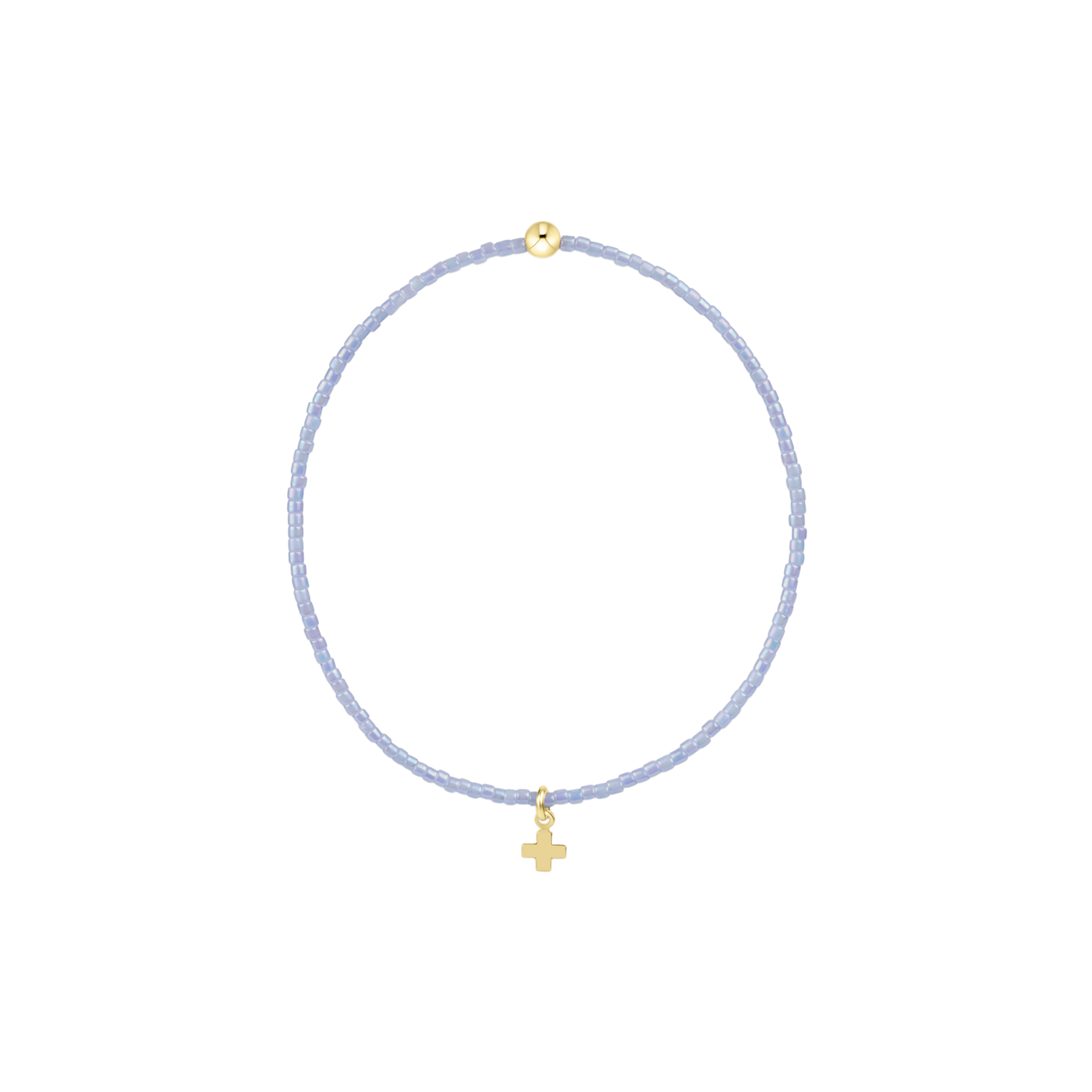 Handcrafted beaded jewelry featuring a circular periwinkle seed bead bracelet centered on a black background with a single polished gold bead and a petite gold cross charm