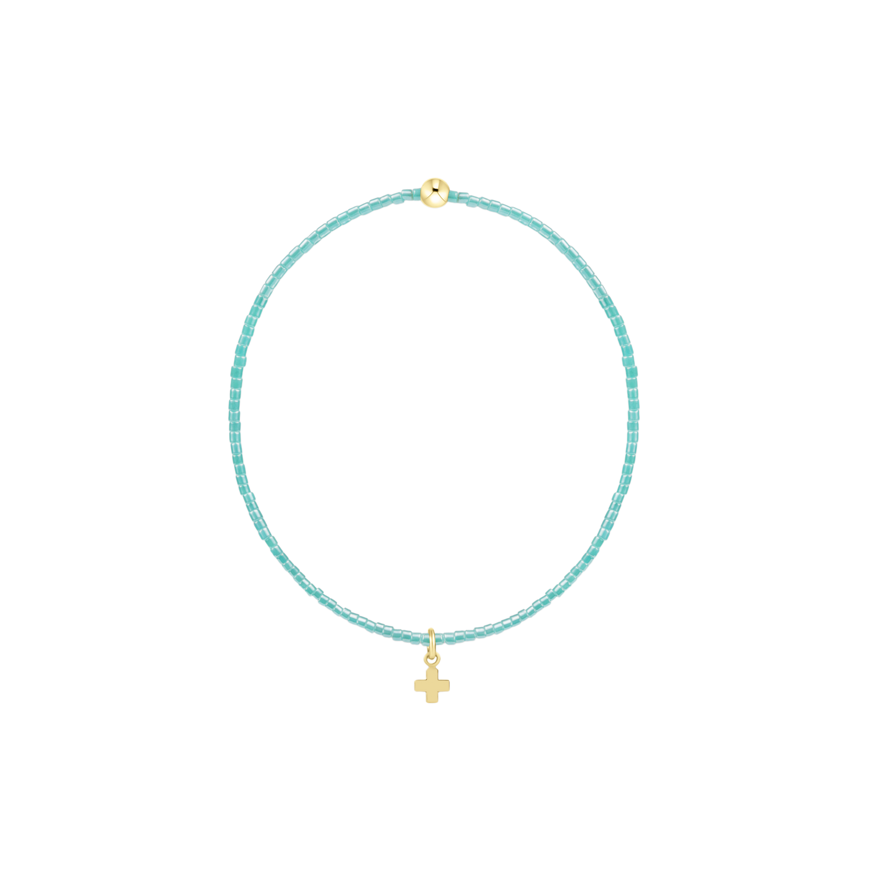 Beaded jewelry turquoise bracelet centered on a black background featuring small aqua seed beads, a single gold ball accent, and a polished yellow gold cross charm pendant