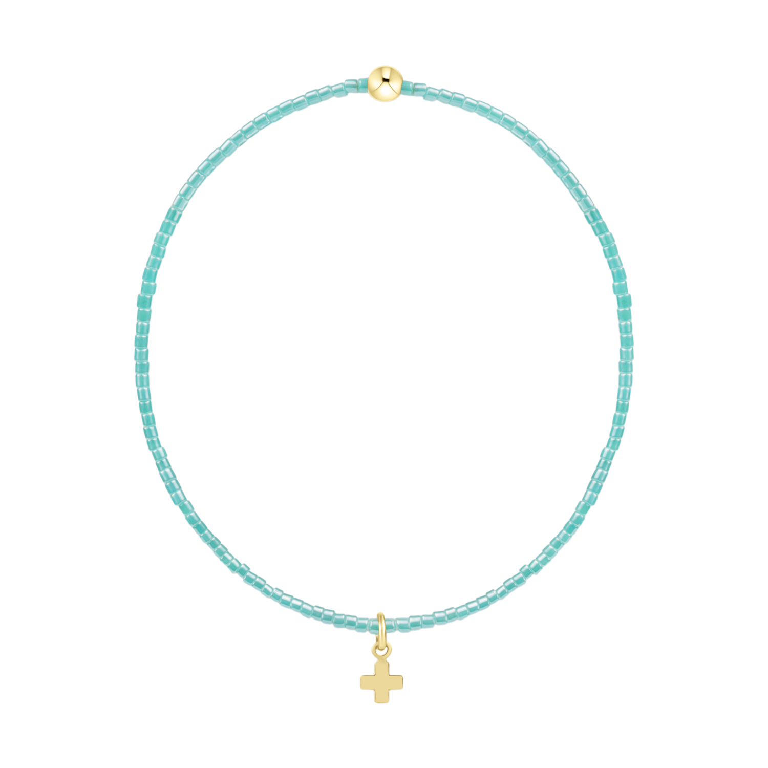 Light blue beaded bracelet with a gold cross charm and a single gold bead