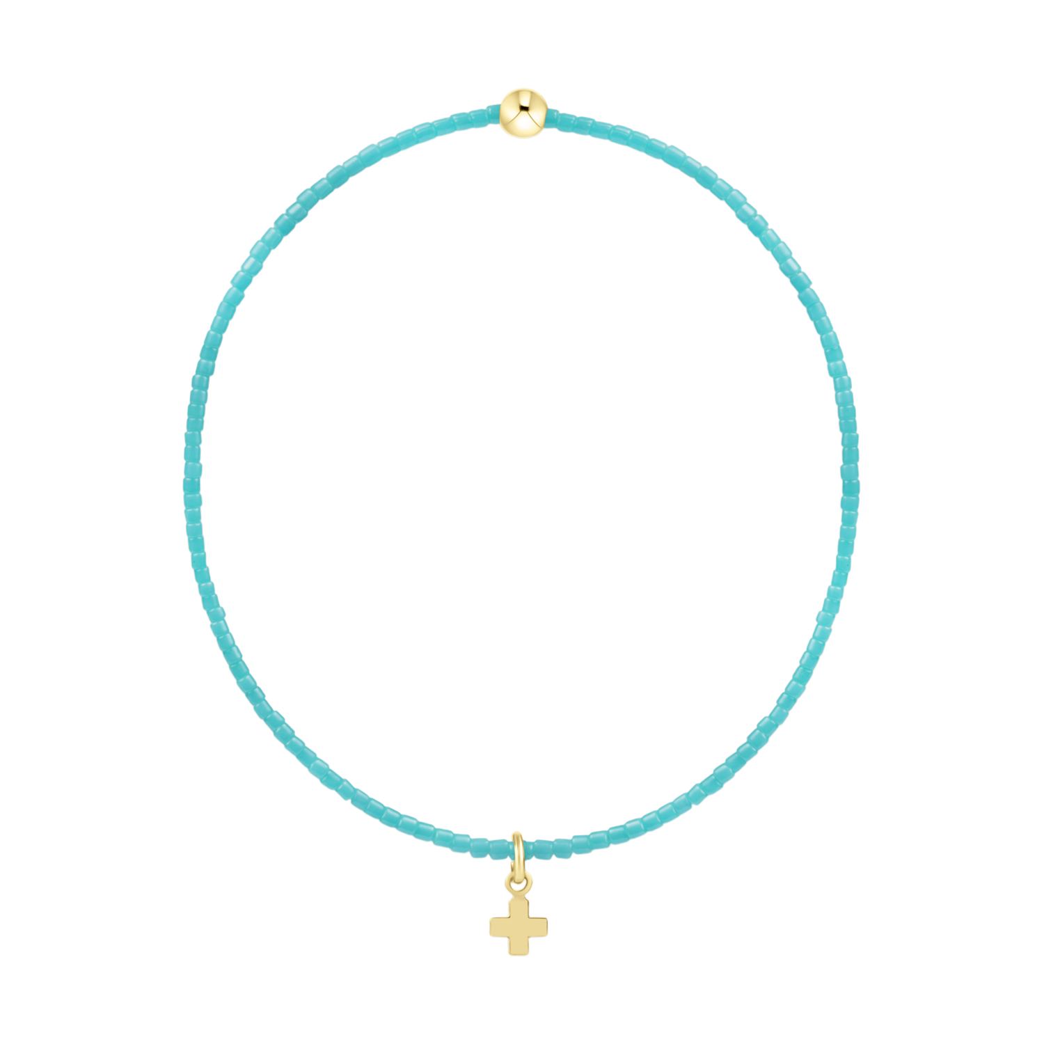 Turquoise beaded bracelet with a gold cross charm and a single gold bead