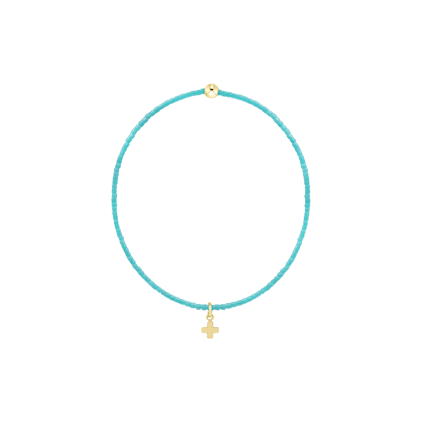 Beaded jewelry featuring a vibrant turquoise seed bead bracelet centered on a solid black background with a polished gold accent bead and a small dangling gold cross charm