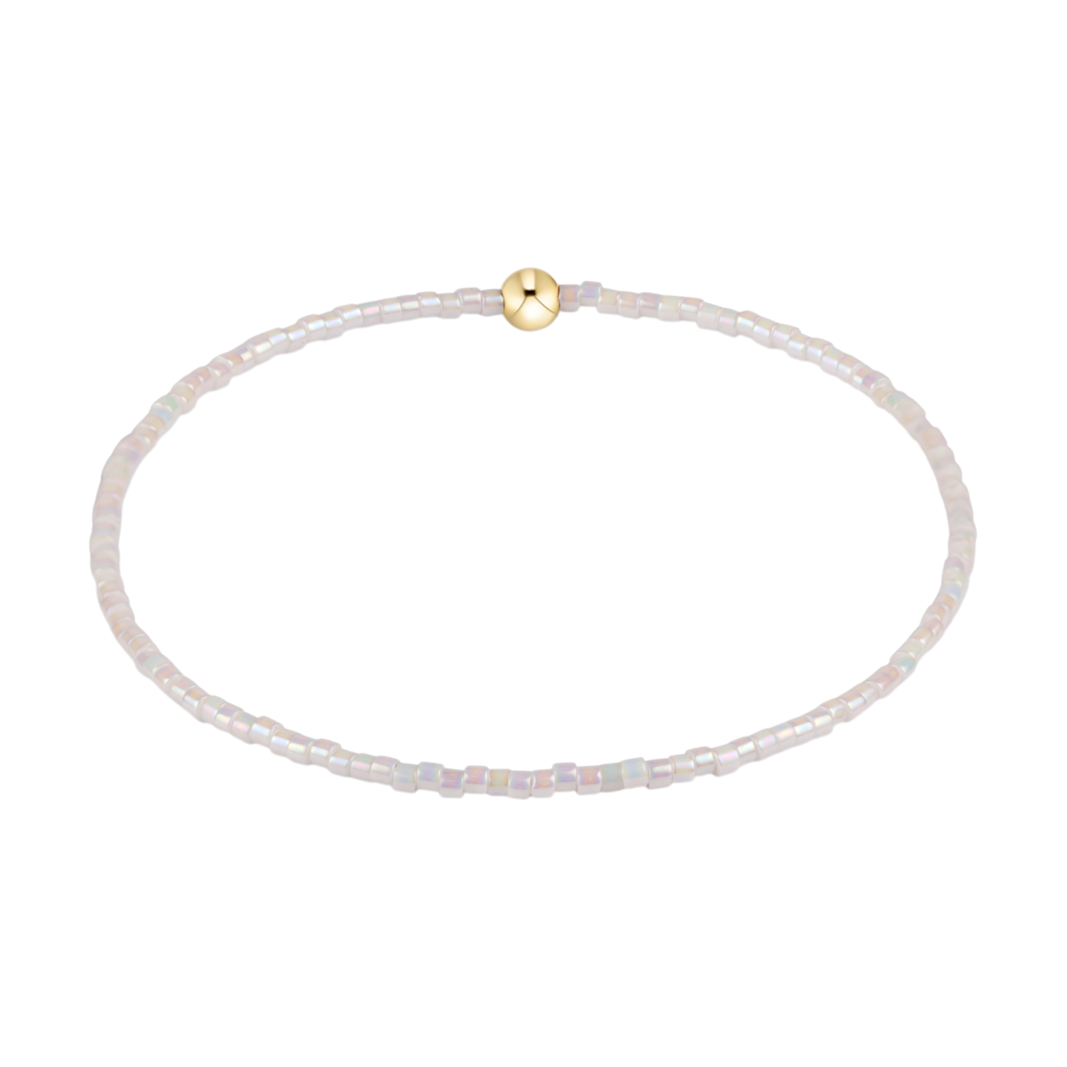 Stretch bracelet made of small iridescent white beads with a single gold bead