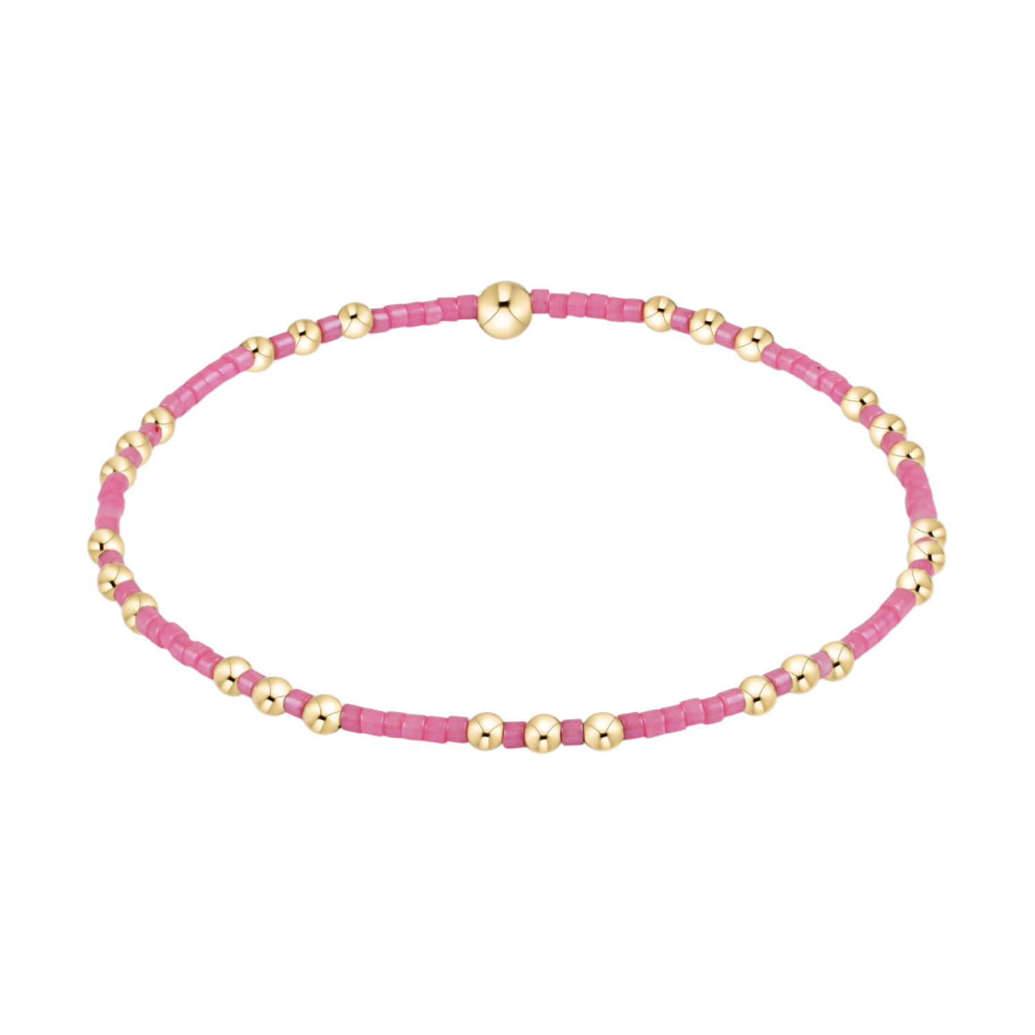 Stretch bracelet with pink seed beads and gold tone metal spheres