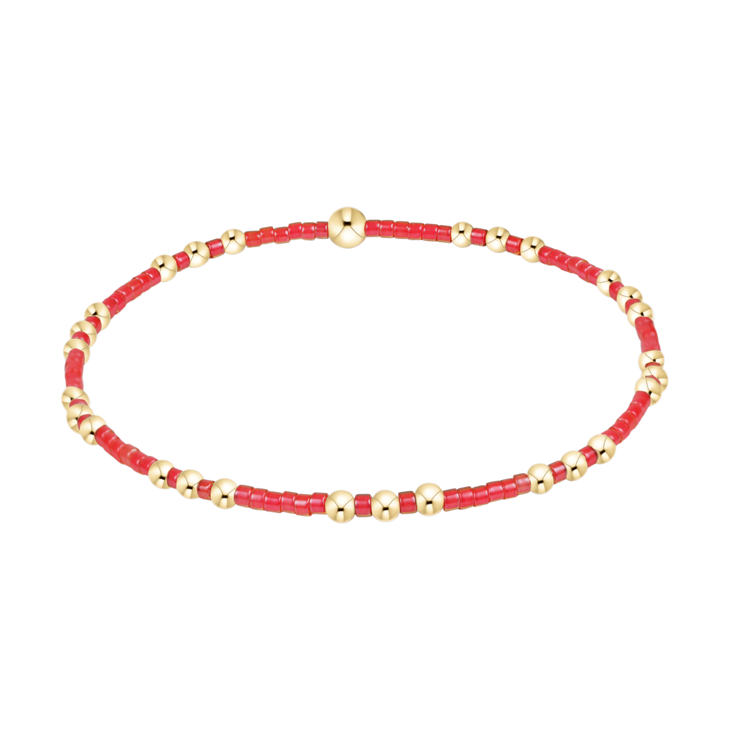 Stretch bracelet with alternating red glass beads and gold metal spheres