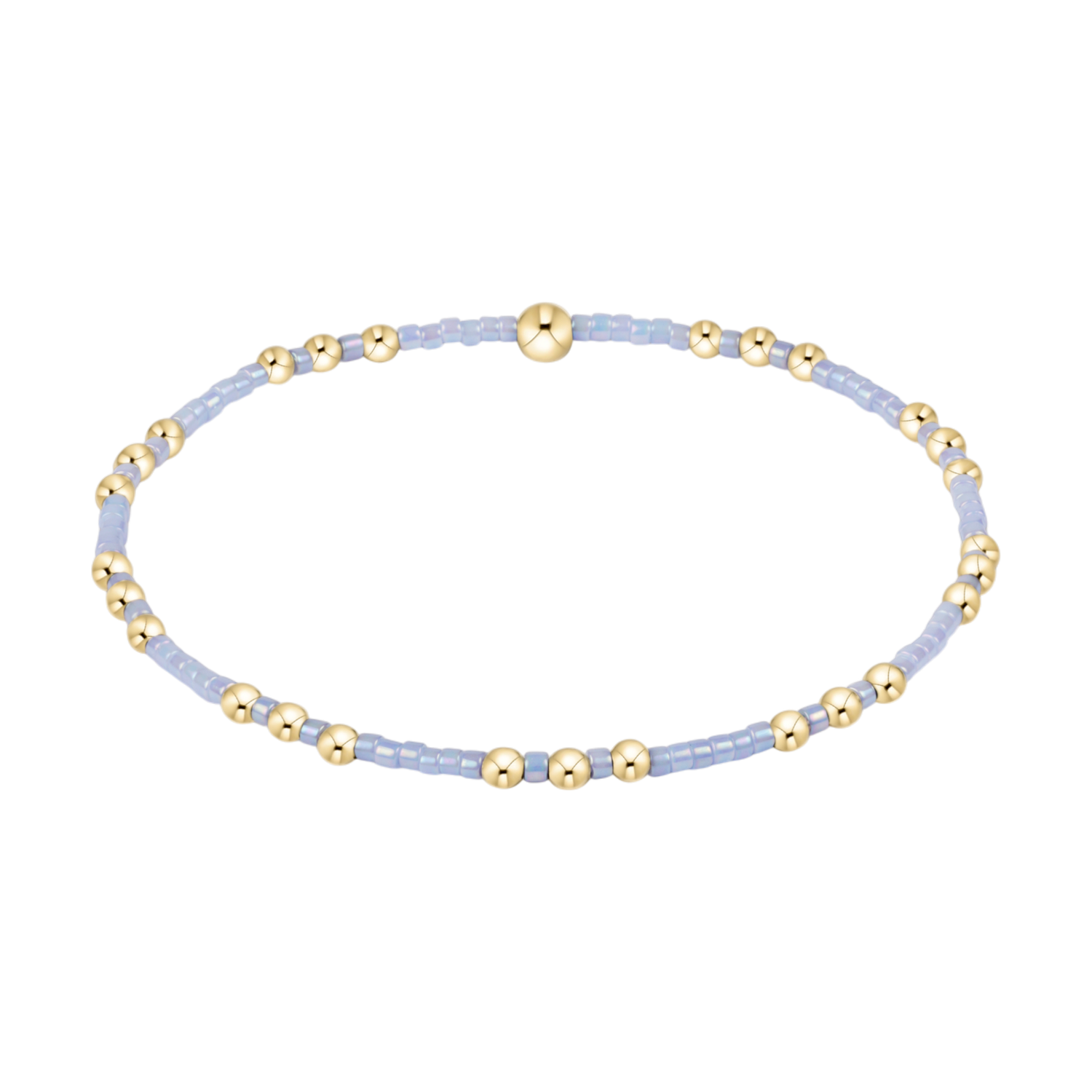 Stretch bracelet with alternating light blue seed beads and small gold metal beads
