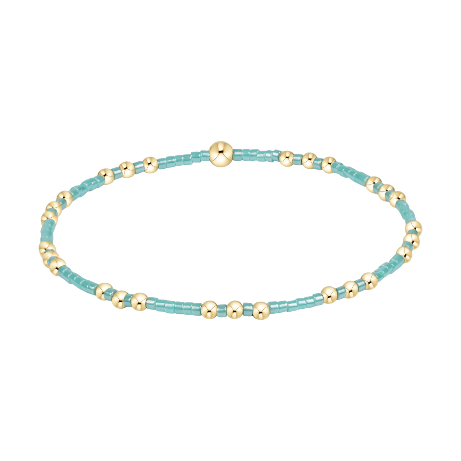 Stretch bracelet with alternating turquoise seed beads and small gold metal spheres