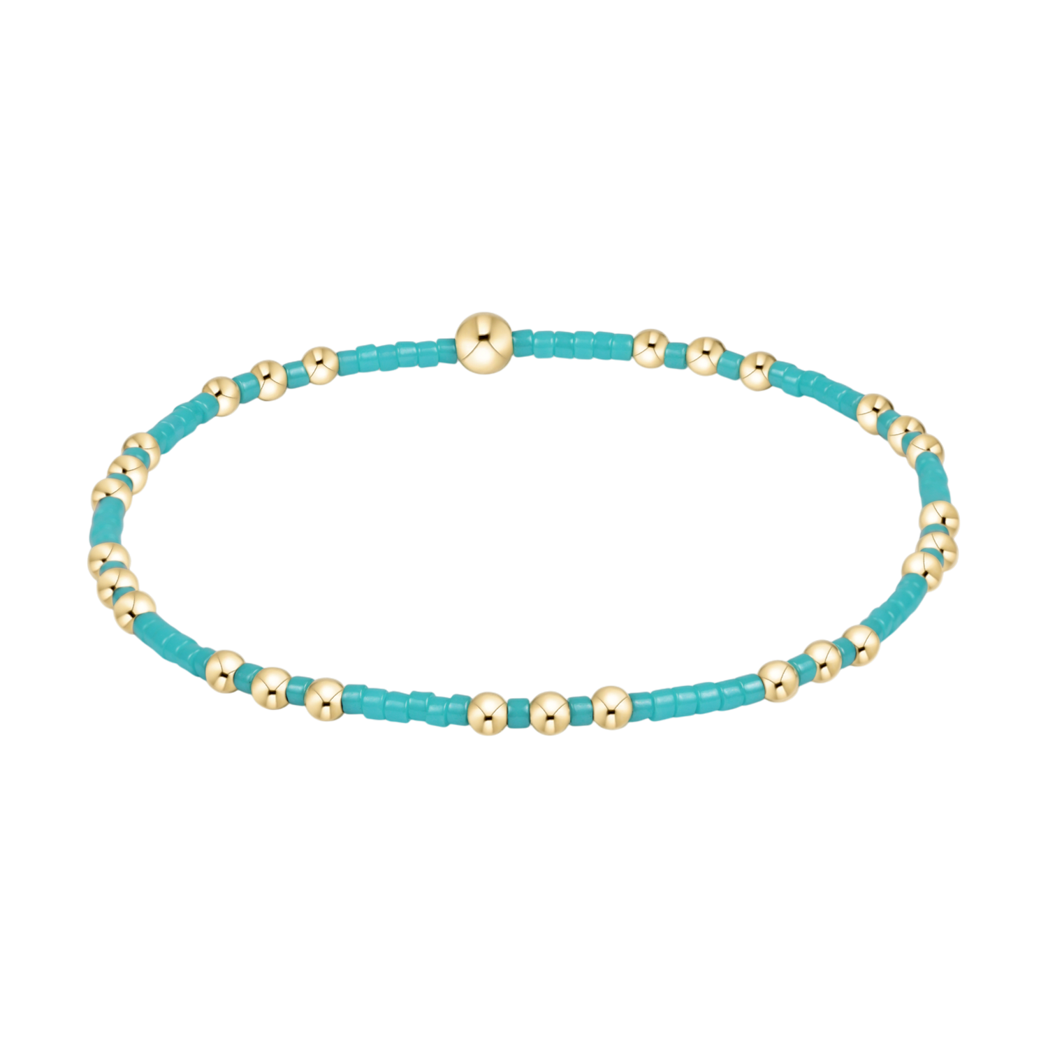 Stretch bracelet with alternating turquoise seed beads and small gold spheres