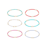 Six colorful beaded bracelets with gold and pearl accents arranged in two rows