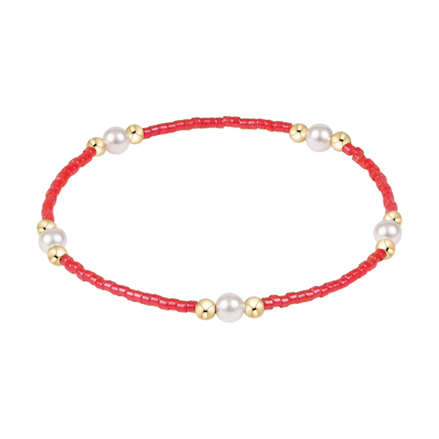 Red beaded bracelet with gold spheres and white pearls