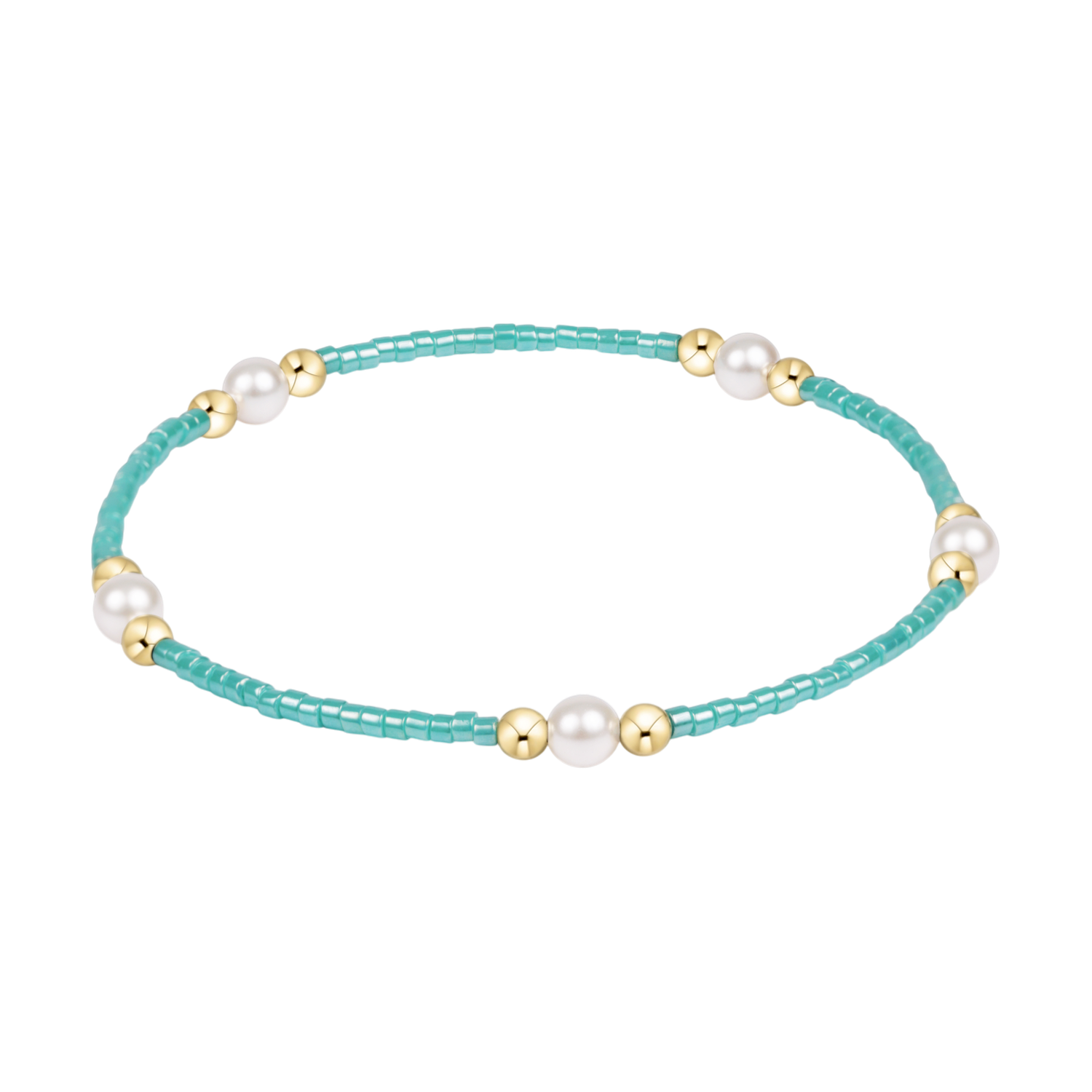 Turquoise seed bead bracelet with gold tone spacers and white pearls
