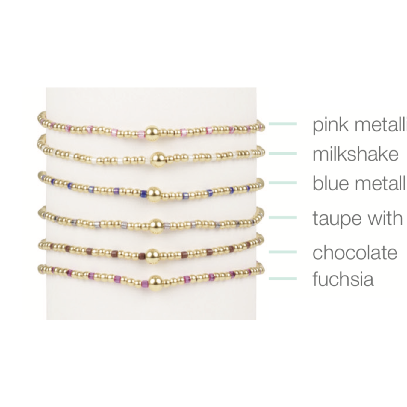 Six gold beaded bracelets with colored accents labeled by color name