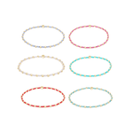Six stretch bracelets with colorful glass beads and gold tone metal accents